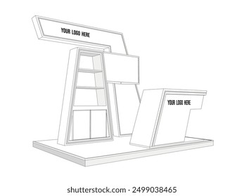 Cabina del soporte de la ilustración 3d 3x2m con la exhibición del estante del recepcionista de la tabla y la pantalla en blanco de la TV del led para la compañía del logotipo para la exposición del acontecimiento. Dibujo de esbozo de Vector para colorear editable aislado.