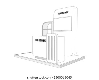 3d illustration stand booth 3x2m with table receptionist rack display and blank LED TV screen for logo company for event exhibition. Vector sketch outline drawing coloring editable isolated.