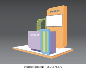Cabina del soporte de la ilustración 3d 3x2m con la exhibición del estante del recepcionista de la tabla y la pantalla en blanco de la TV del led para la compañía del logotipo para la exposición del acontecimiento. Dibujo de esbozo de Vector para colorear editable aislado.