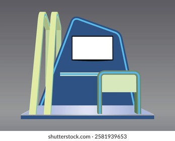 3d illustration stand booth 3x3 m rack display LED TV screen blank logo company and table with flooring for event exhibition. Image sketch outline drawing coloring background isolated.