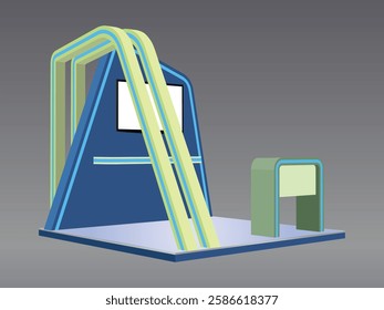 3d illustration stand booth 3x3 m rack display LED TV screen blank logo company and table with flooring for event exhibition. Image sketch outline drawing coloring background isolated.