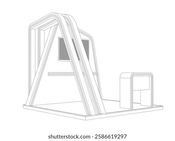 3d illustration stand booth 3x3 m rack display LED TV screen blank logo company and table with flooring for event exhibition. Image sketch outline drawing coloring background isolated.