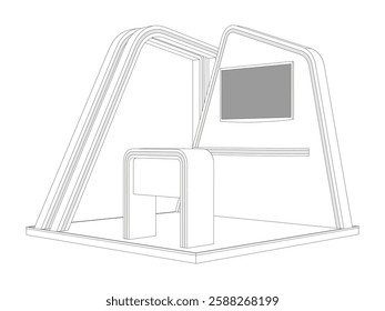 3d illustration stand booth 3x3 m rack display LED TV screen blank logo company and table with flooring for event exhibition. Image sketch outline drawing coloring background isolated.