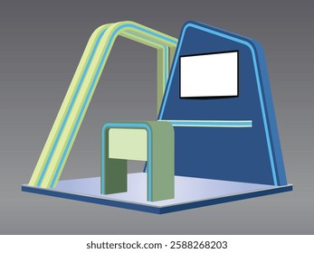 3d illustration stand booth 3x3 m rack display LED TV screen blank logo company and table with flooring for event exhibition. Image sketch outline drawing coloring background isolated.