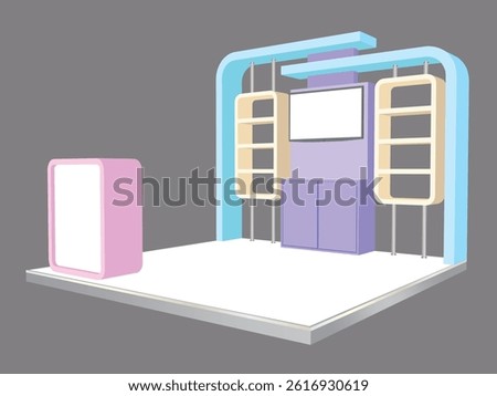 3d illustration stand booth 3x3 m simple minimalis design with blank LED TV screen logo company for event exhibition. Vector editable sketch outline drawing coloring isolated background.