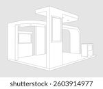 3d illustration stand booth 6x4 m simple minimalis design with blank LED TV screen logo company for event exhibition. Vector editable sketch outline drawing coloring isolated background.