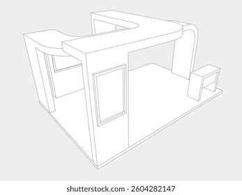 3d illustration stand booth 6x4 m simple minimalis design with blank LED TV screen logo company for event exhibition. Vector editable sketch outline drawing coloring isolated background.