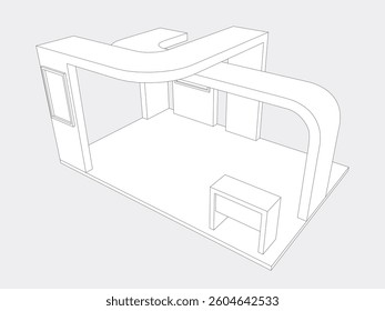 3d illustration stand booth 6x4 m simple minimalis design with blank LED TV screen logo company for event exhibition. Vector editable sketch outline drawing coloring isolated background.