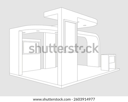 3d illustration stand booth 6x4 m simple minimalis design with blank LED TV screen logo company for event exhibition. Vector editable sketch outline drawing coloring isolated background.