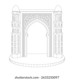 3d illustration stand booth gate entrance ramadan islam decoration with ornament and minaret for photobooth spot event. Vector editable sketch outline drawing coloring isolated.