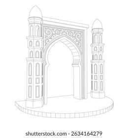 3d illustration stand booth gate entrance ramadan islam decoration with ornament and minaret for photobooth spot event. Vector editable sketch outline drawing coloring isolated.