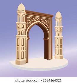 3d illustration stand booth gate entrance ramadan islam decoration with ornament and minaret for photobooth spot event. Vector editable sketch outline drawing coloring isolated.