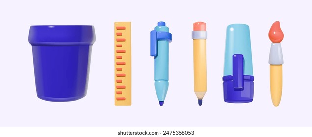 Ilustración 3D de artículos de papelería que incluyen taza azul, Regla amarilla, pluma azul, lápiz amarillo, marcador azul y pincel. Arte colorido, útiles escolares o de oficina.