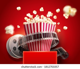 3d illustration of striped paper box with popcorns over red stand with a cinema reel over red background