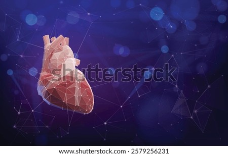 3D illustration of a structure of triangles connected by dots in the shape of a human heart placed on a dark background. Used in medicine, science, education, advertising, commerce and industry.