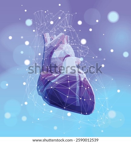 3D illustration of a structure of triangles connected by dots in the shape of a human heart in purple tones placed on a light background. Used in medicine, science, advertising, commerce and industry.