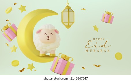 3d illustration suitable for Ramadan, Eid al fitr, and Eid al Adha with crescent moon, gift, and cute sheep 