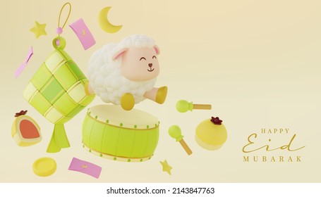 3d illustration suitable for Ramadan, Eid al fitr, and Eid al Adha with ketupat,  nastar, drum, crescent moon, and cute sheep 