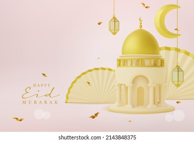 3d illustration suitable for Ramadan, Eid al fitr, and Eid al Adha with mosque, lantern, and crescent moon, 