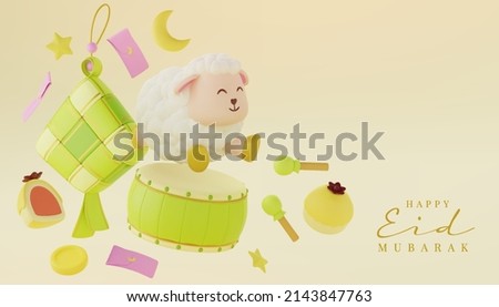 3d illustration suitable for Ramadan, Eid al fitr, and Eid al Adha with ketupat,  nastar, drum, crescent moon, and cute sheep 