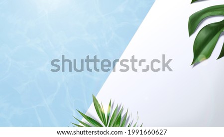 3d illustration of summer background for product display. Top view of beautiful swimming pool with water ripples and tropical leaves.
