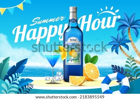 3d illustration of summer cocktail ad. Blue liquor bottle with cocktail glass, orange fruit, swimming ring and tropical plants and ice cubes on beach background.