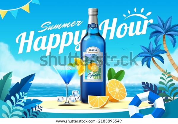 3d illustration of summer\
cocktail ad. Blue liquor bottle with cocktail glass, orange fruit,\
swimming ring and tropical plants and ice cubes on beach\
background.
