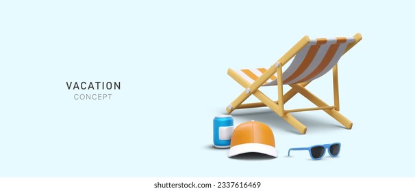 3D illustration, summer vacation concept. Folding chair, cap, sunglasses, cold drink. Poster on blue background. Time to rest. Advertising in cartoon style