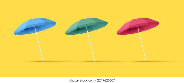 3d illustration of sun umbrella in three colors blue red and green