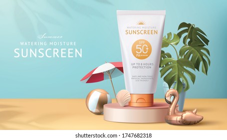 3d illustration of sunscreen ad template, realistic mock-up displayed on pink stage, decorated with flamingo swim ring, potted tropical plant and umbrella