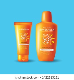 3d illustration of Sunscreen ads on beautiful beach and tropical plants, seashell decorations