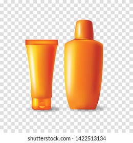 3d illustration of Sunscreen ads on beautiful beach and tropical plants, seashell decorations