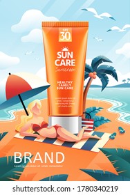 3d illustration sunscreen product on hand drawn beach with blonde beauty in bikini lying in front of it, creative skincare ads