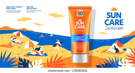 3d illustration sunscreen product on flat style beach background, people enjoying sun tanning scene banner