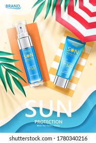 3d Illustration Sunscreen Products Lying On Papercut Beach, Skincare Ads In Top View Angle