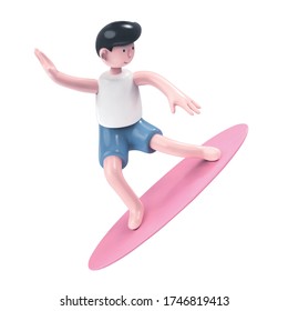 3d illustration of surfing boy standing on pink surf board, isolated on white background