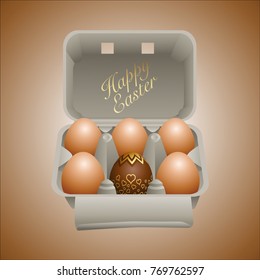 A 3D illustration of a surprise egg box for Easter.
Five beige eggs and a chocolate egg decorated with little gold hearts are stored in a gray cardboard box. English text.
