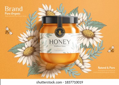 3d illustration of sweet honey ad template, golden jar mock-up set on beautiful engraving flowers