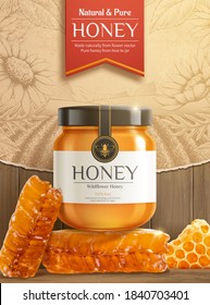 3d illustration of sweet honey ad template, golden jar mock-up set on realistic honeycomb with beautiful engraving flowers