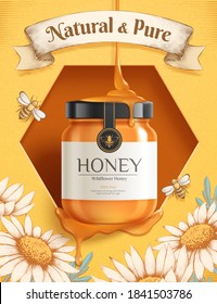 3d illustration of sweet honey ad template, golden jar mock-up set on hive with beautiful engraving flower illustration