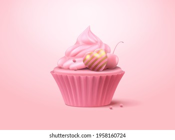 3d illustration of sweet pink cup cake with whipped cream and cherry. Dessert element isolated on pink background.