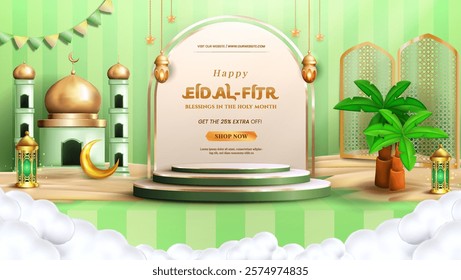 3D illustration of 3d teal Muslim Islamic festival theme product display background with crescent moon, podium, cloud, lantern and Islamic decorations.