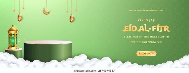 3D illustration of 3d teal Muslim Islamic festival theme product display background with crescent moon, podium, cloud, lantern and Islamic decorations.