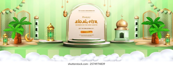 3D illustration of 3d teal Muslim Islamic festival theme product display background with crescent moon, podium, cloud, lantern and Islamic decorations.