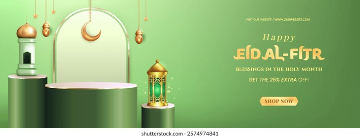 3D illustration of 3d teal Muslim Islamic festival theme product display background with crescent moon, podium, cloud, lantern and Islamic decorations.