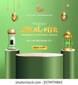 3D illustration of 3d teal Muslim Islamic festival theme product display background with crescent moon, podium, cloud, lantern and Islamic decorations.