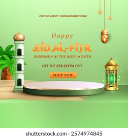 3D illustration of 3d teal Muslim Islamic festival theme product display background with crescent moon, podium, cloud, lantern and Islamic decorations.