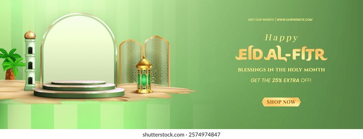 3D illustration of 3d teal Muslim Islamic festival theme product display background with crescent moon, podium, cloud, lantern and Islamic decorations.