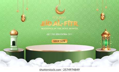 3D illustration of 3d teal Muslim Islamic festival theme product display background with crescent moon, podium, cloud, lantern and Islamic decorations.