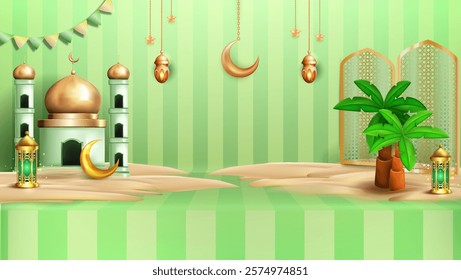 3D illustration of 3d teal Muslim Islamic festival theme product display background with crescent moon, podium, cloud, lantern and Islamic decorations.